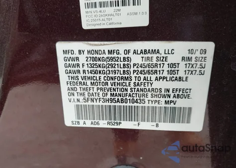 2010 Honda Pilot Touring from USA, damaged, VIN 5FNYF3H95AB010435